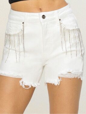 RISEN White Denim Shorts with Silver Chain and Rhinestone Fringe